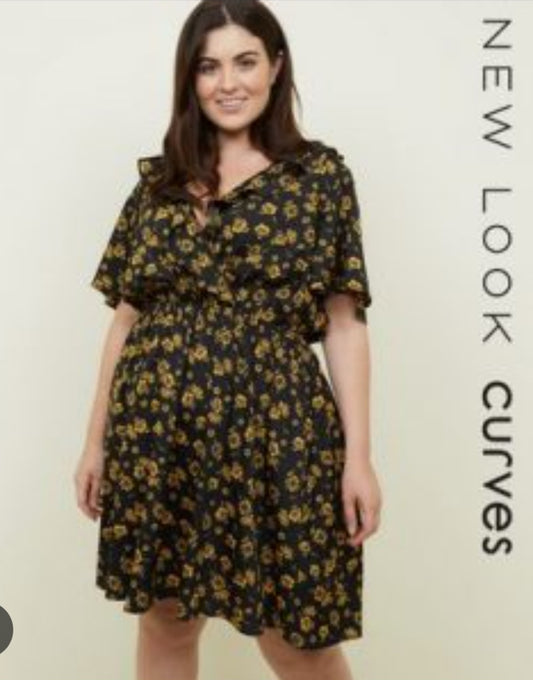 New Look Curves Black Floral Ruffle Midi Dress – Size 20 – Batwing Sleeves & V-Neck