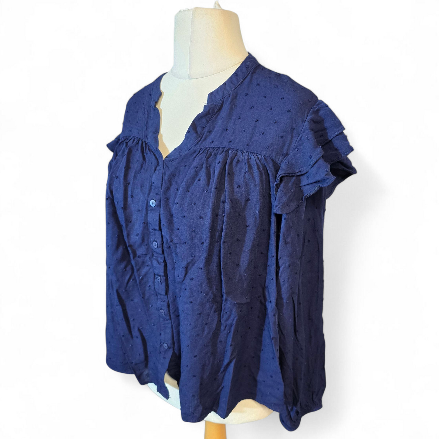 F&F Navy Frilly Embossed Blouse – V-Neck, Size 12