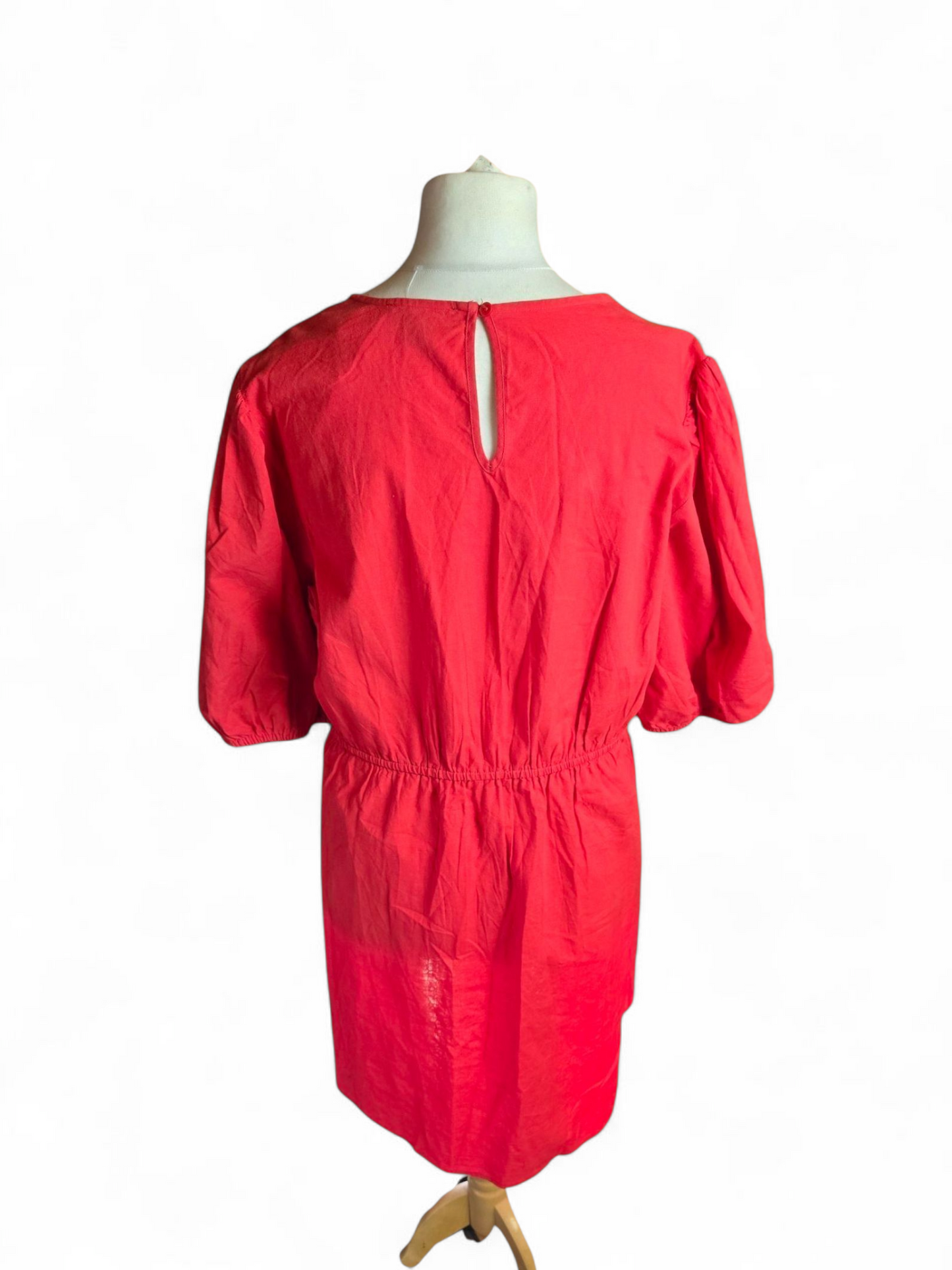 Primark Red Linen Blend Dress Size 20 – Short Sleeves, Cut-Out Detail, Button Back, Elegant Fit