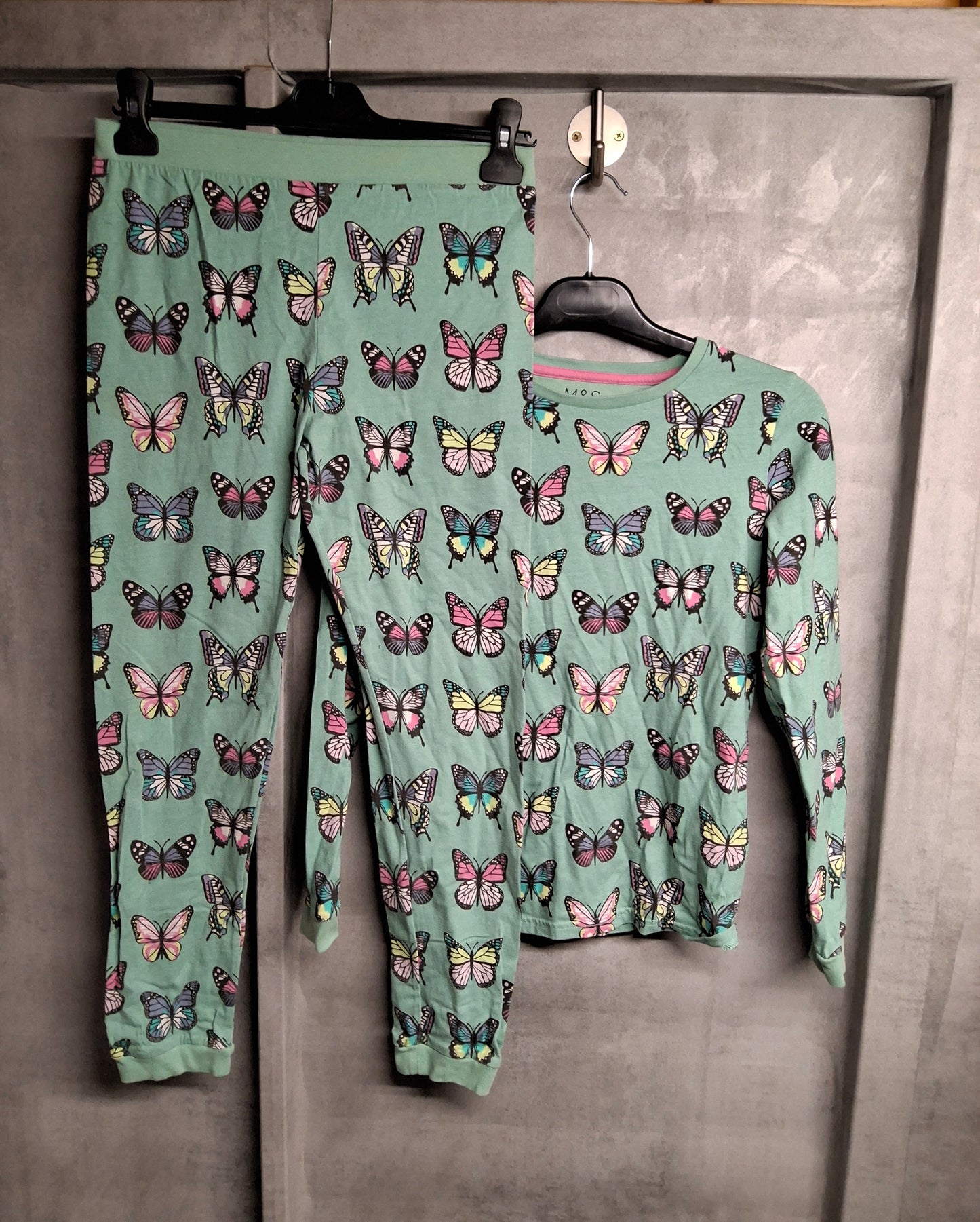 M&S Green Butterfly Print Winter Pyjamas – Age 11-12 Years – Cotton