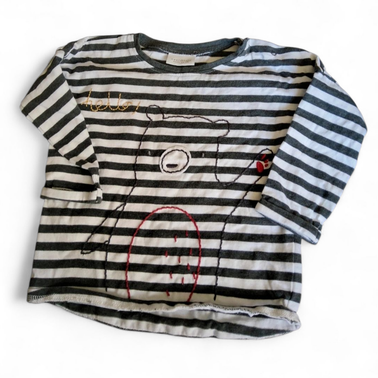 Next Black & White Striped Bear T-Shirt – Boys 6–9 Months – 100% Cotton