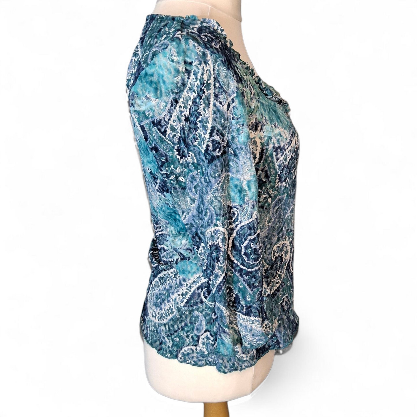 Per Una Blue Patterned Sheer Lace Top – Flared Cuffs – Size 14