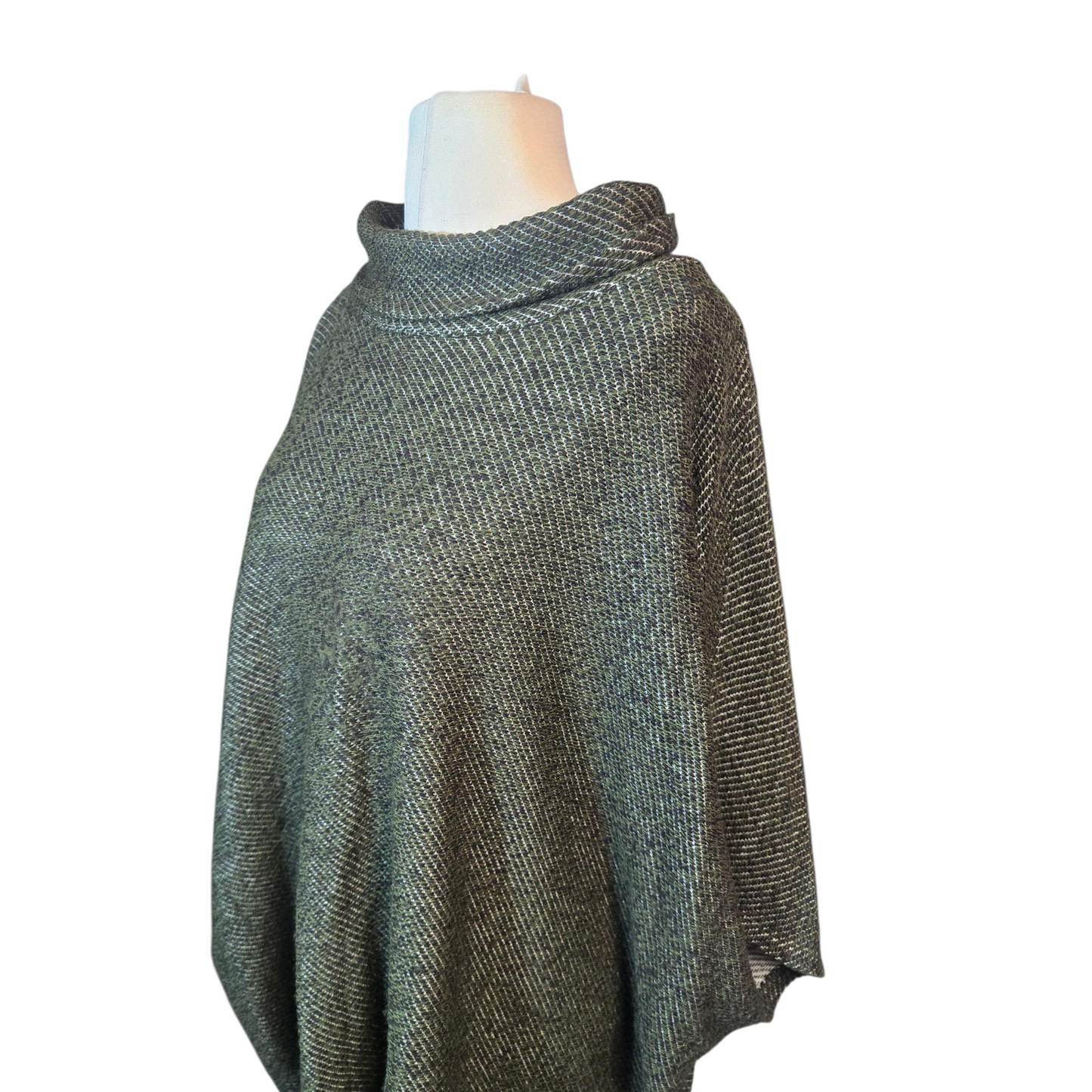 Cerulean Green Knit Turtleneck Poncho – One Size – Acrylic/Polyester/Viscose