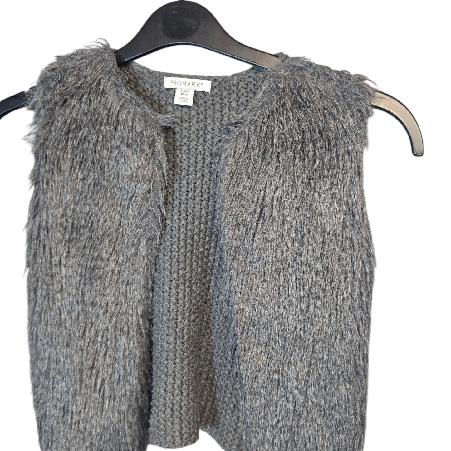 Primark Grey Faux Fur & Knit Gilet – Girls 5–6 Years – Sleeveless Open Front