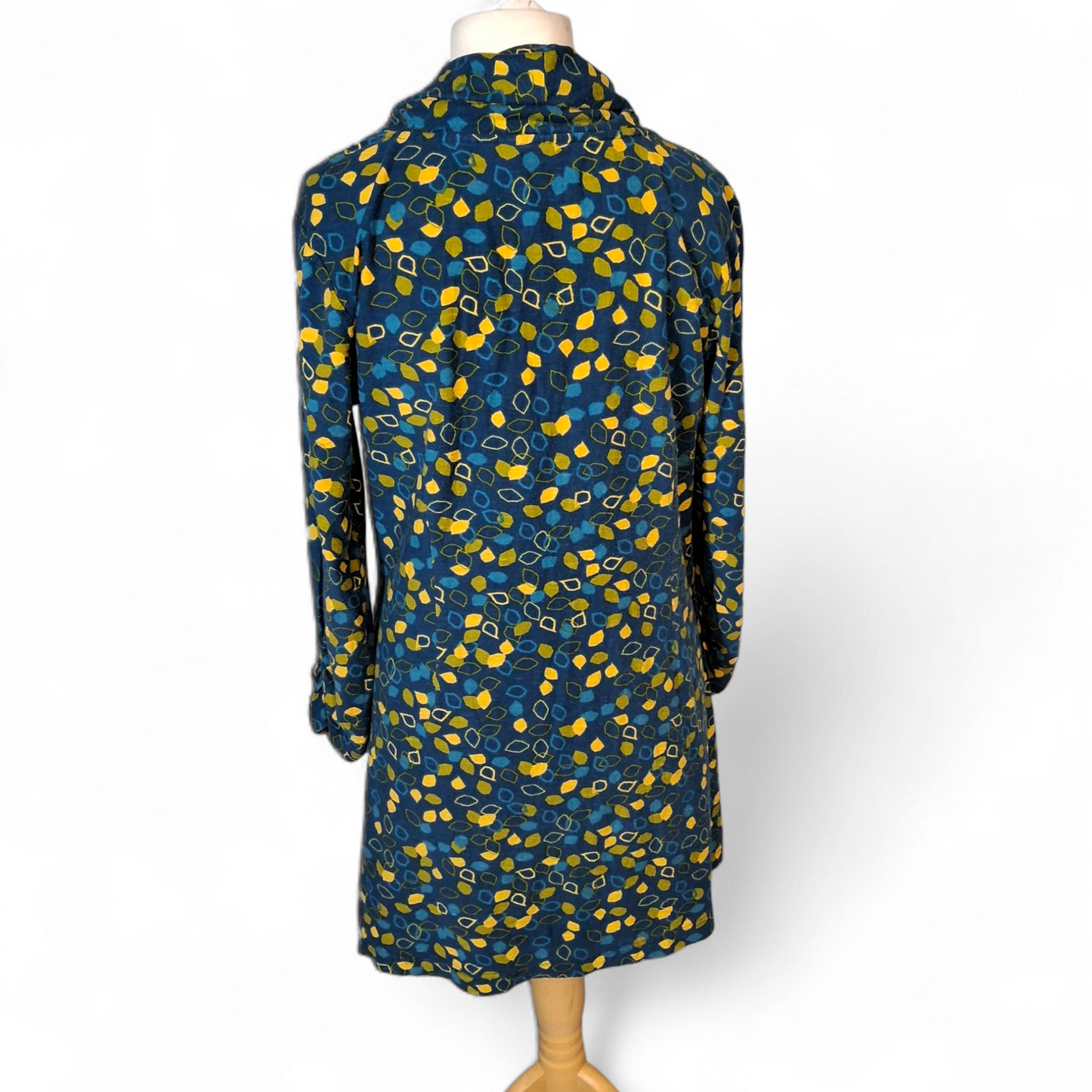 Adini Blue & Yellow Patterned Roll Neck Cotton Dress – Size M (UK size 14)