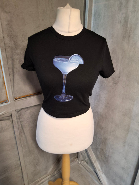 Shein Black Cropped Margarita Print T-Shirt – Size M (UK 10)