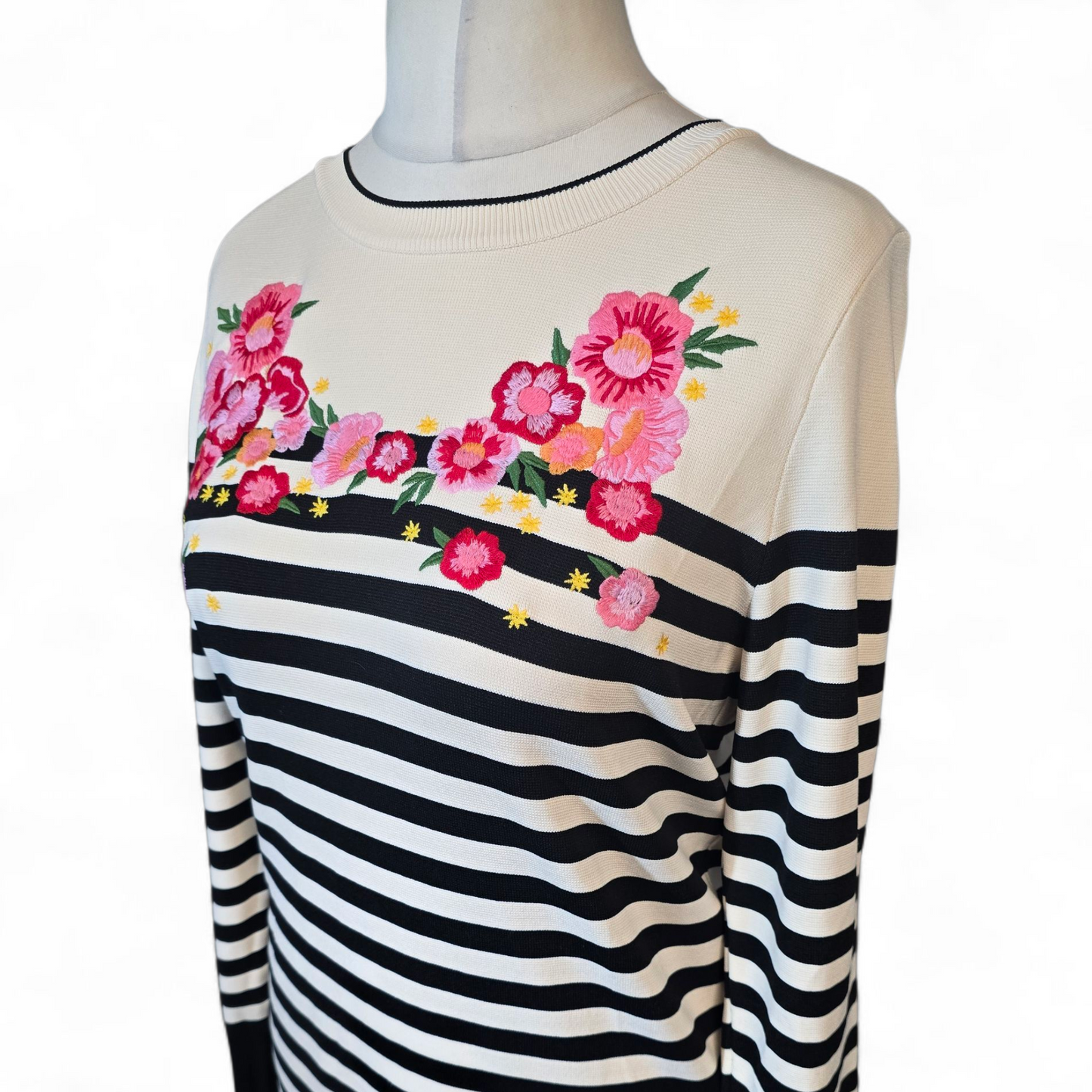 Next Black & White Striped Jumper with Pink Floral Embroidery – Size 12