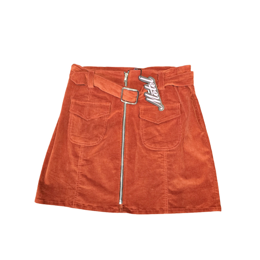 Motel Burnt Orange Cord Mini Skirt – Belted + Zip Front – Size 12