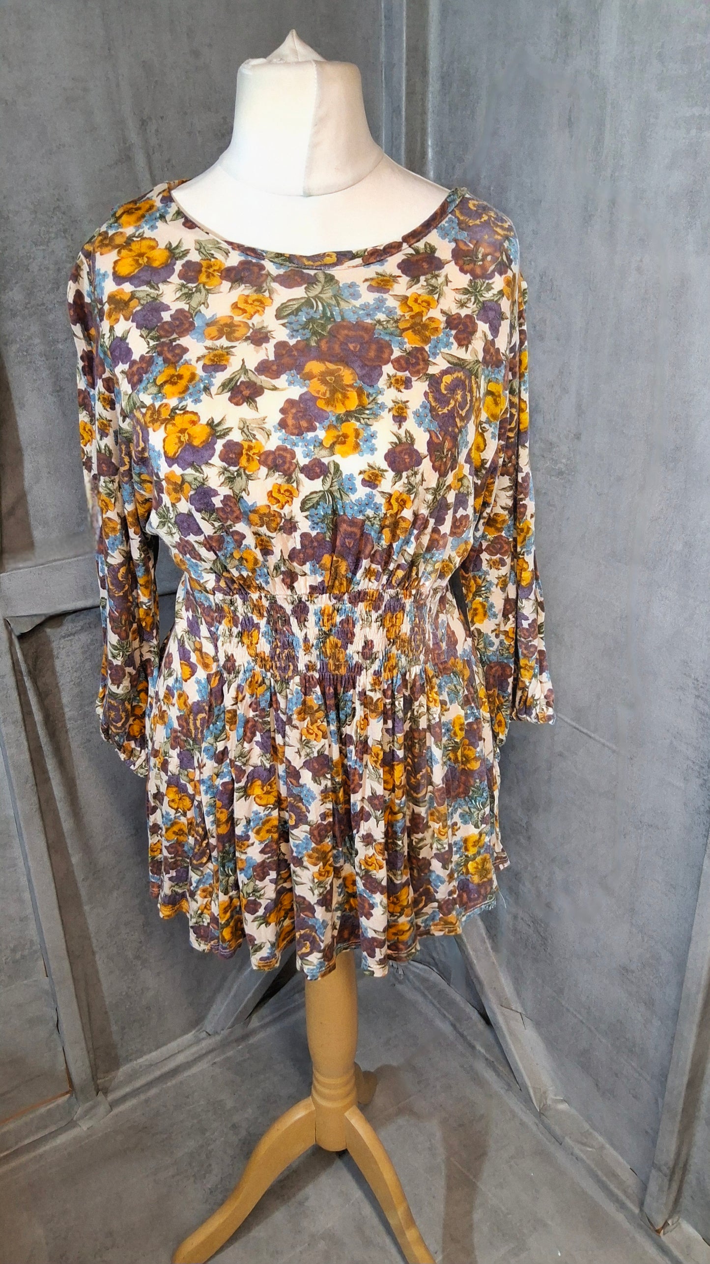 Topshop Multicoloured Floral Blouse – Elasticated Waist, ¾ Sleeve – Size 12
