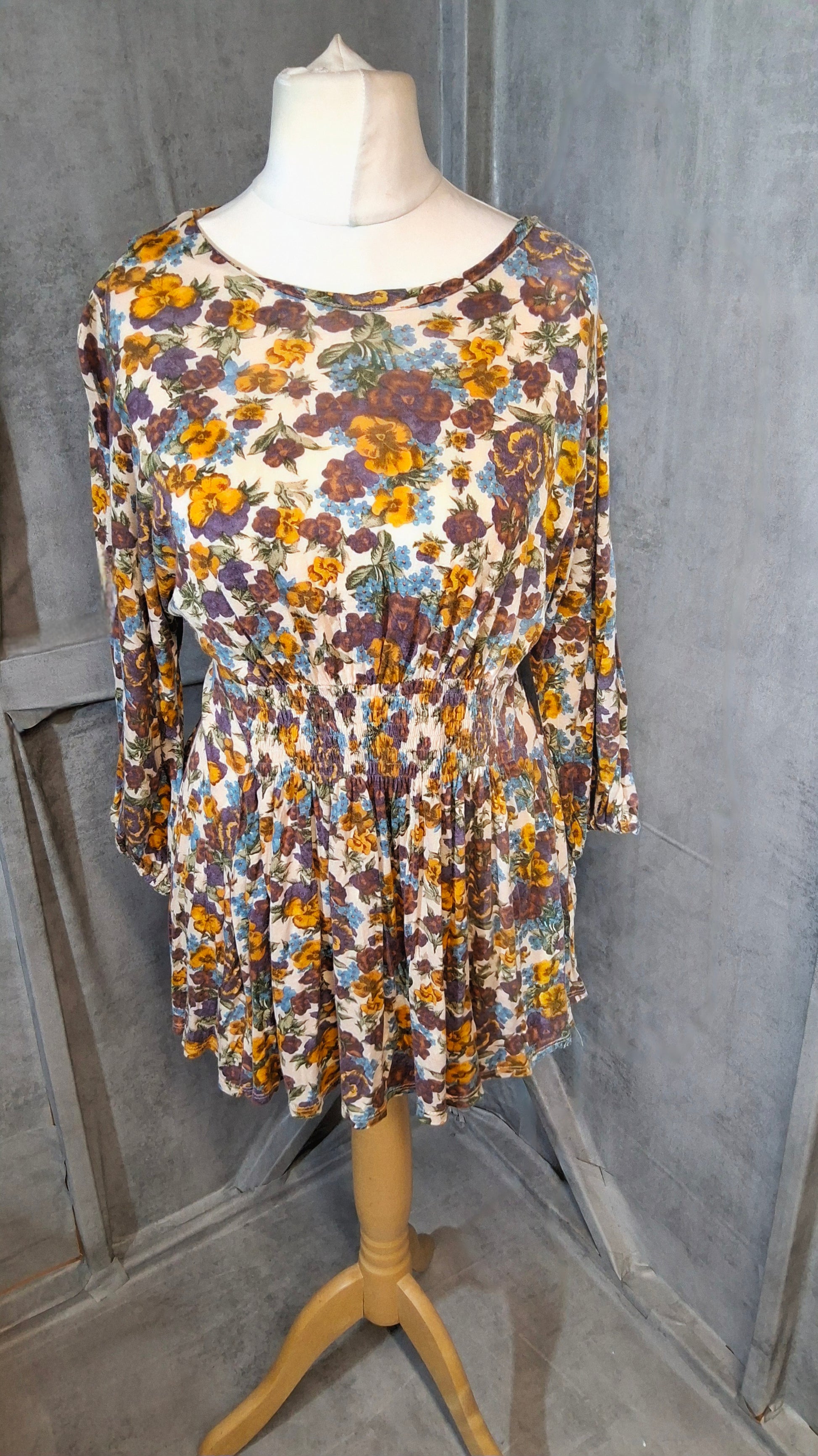 Topshop Multicoloured Floral Blouse – Elasticated Waist, ¾ Sleeve – Size 12
