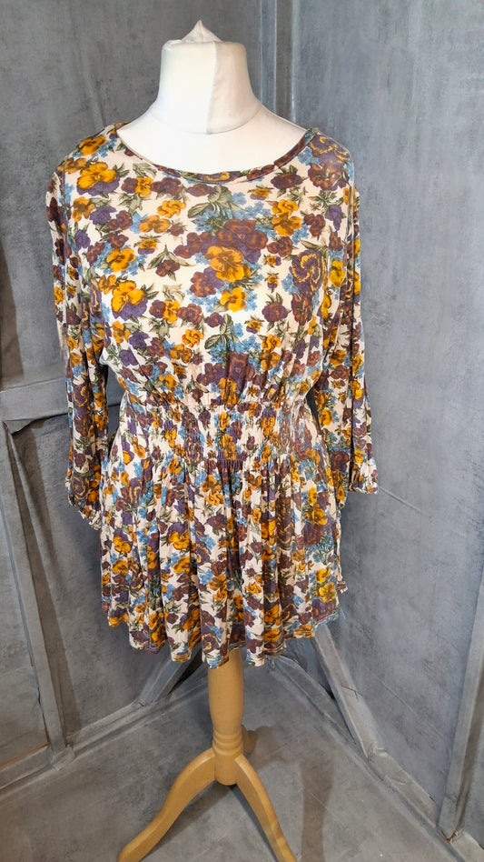 Topshop Multicoloured Floral Blouse – Elasticated Waist, ¾ Sleeve – Size 12
