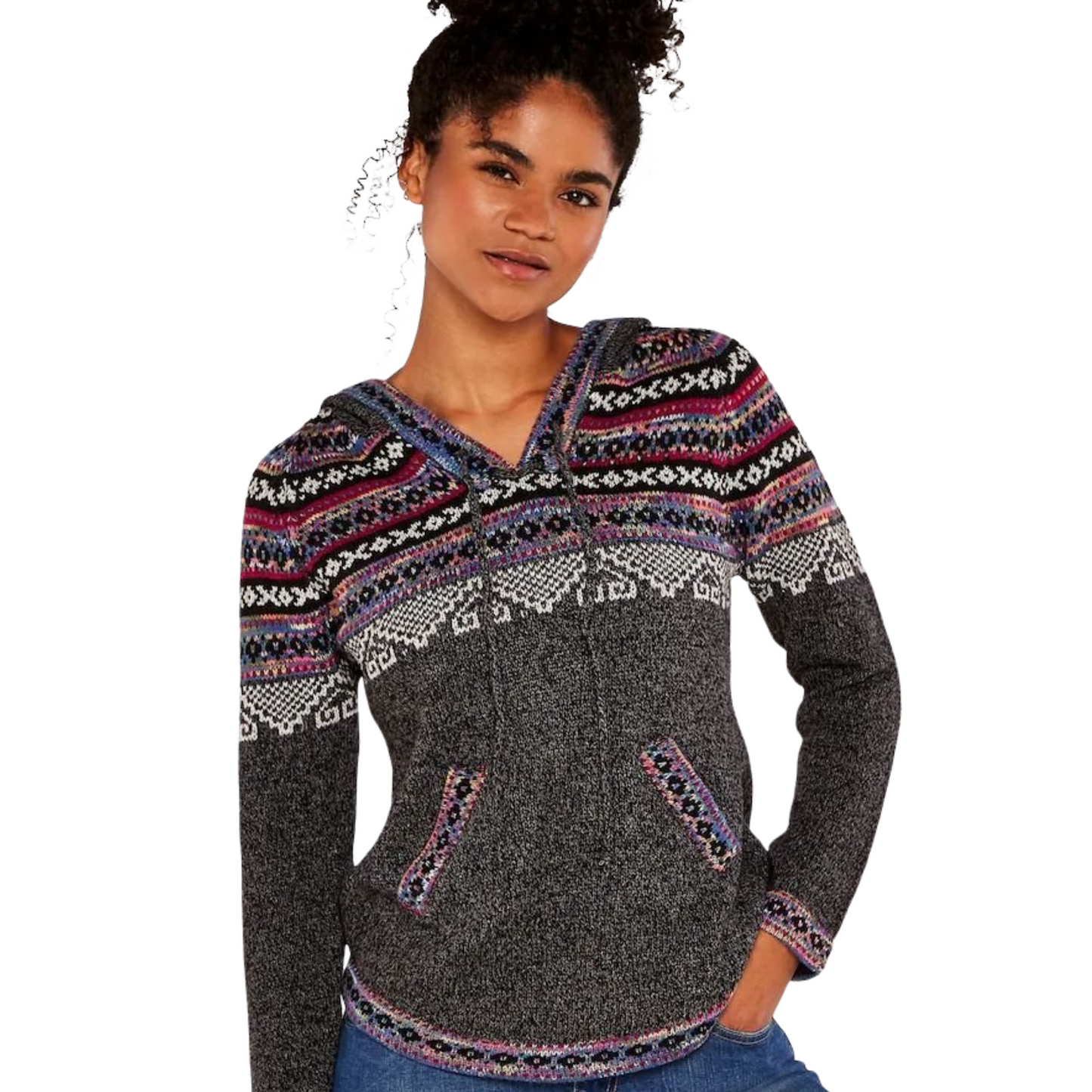 Apricot Grey & Multicolour Knitted Pattern Hoodie – Tie Front – Pockets – Size 12