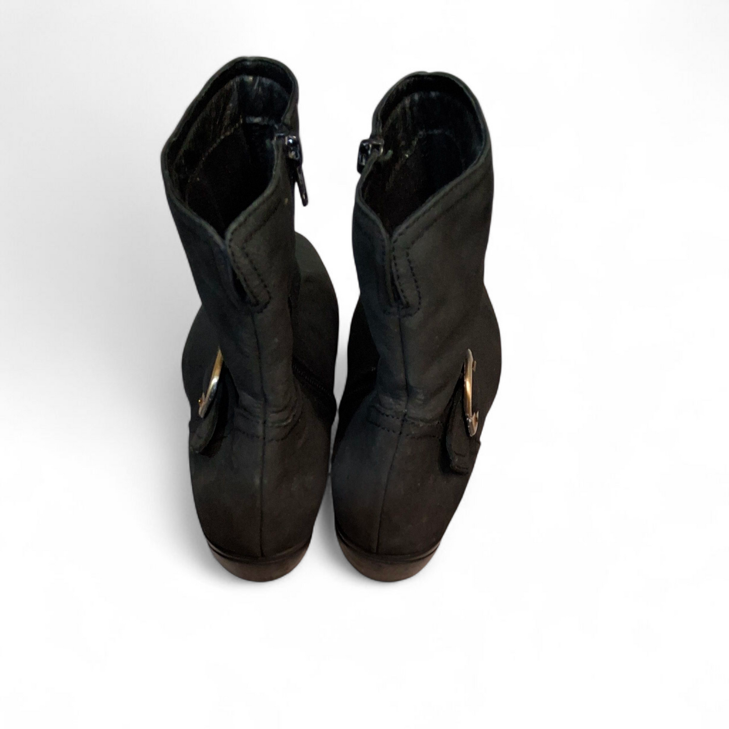 Flyflot Black Leather Ankle Boots – Gold Buckle – UK 4 / EU 37