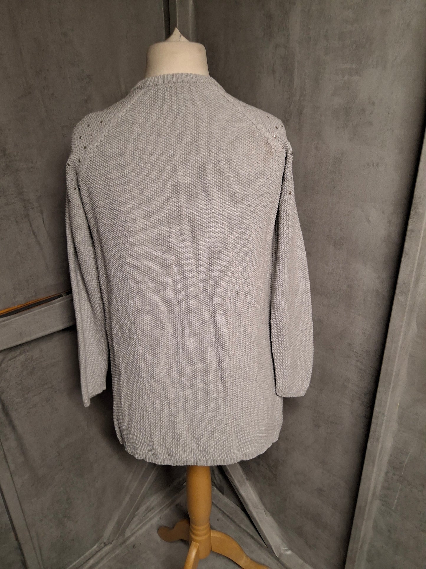Fransa Grey Stud Shoulder Open Knit Cardigan – Size S (UK size 8/10)