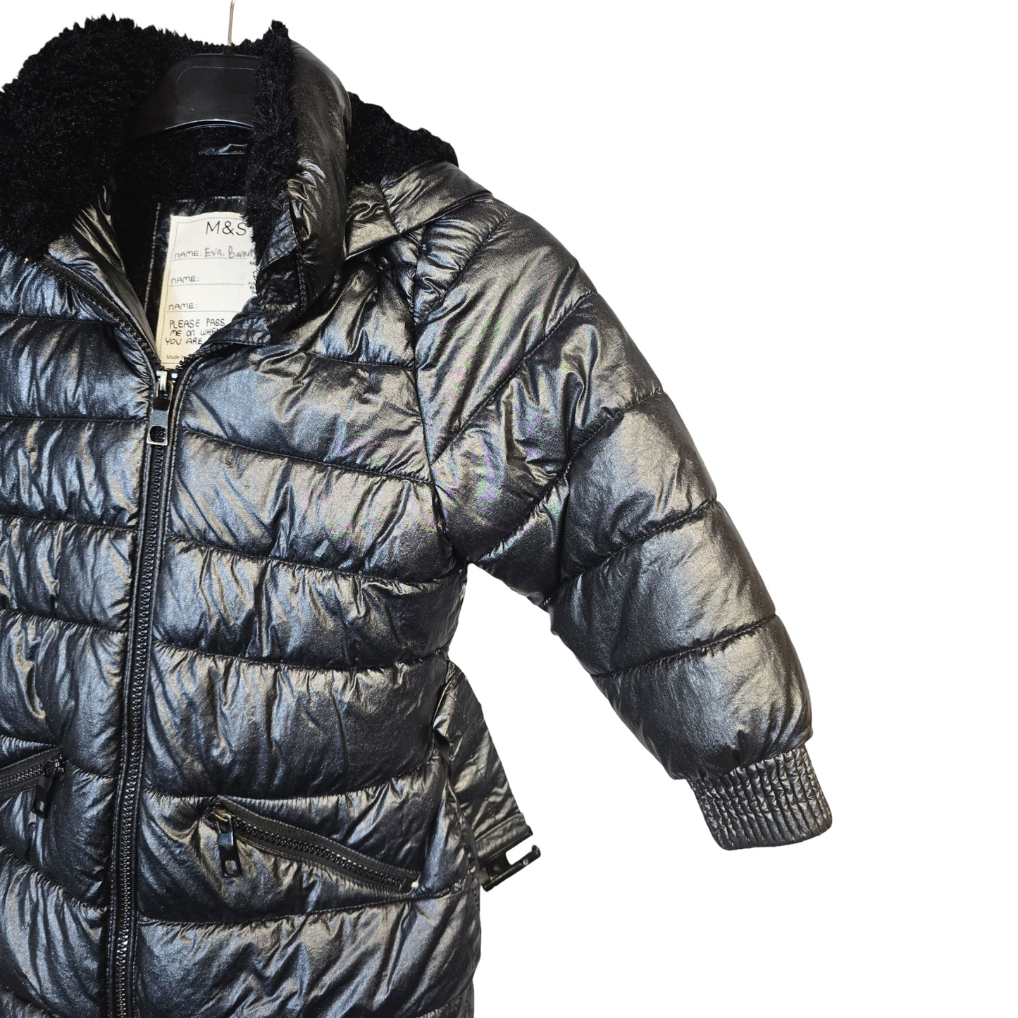 M&S Black Metallic Puffer Jacket – Fleeced Hood & Collar, Size 3–4 Years Girls