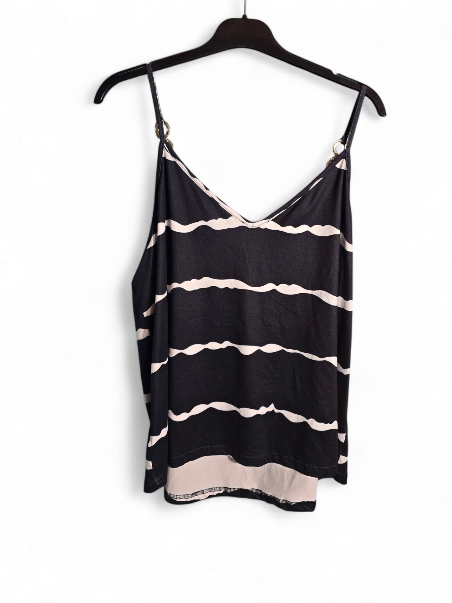 Shein Black & White Striped Cami Top Size XL (Fits 14) – Gold Ring Straps, Front Zip