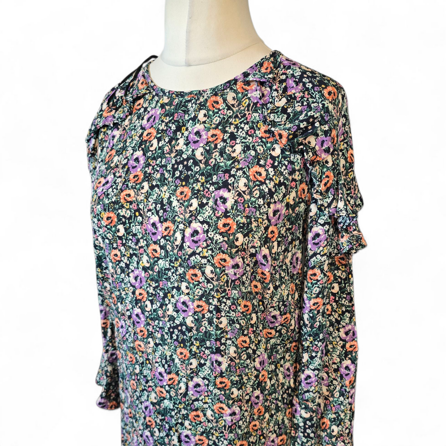 Monsoon Multicoloured Floral Knee-Length Dress – Size 12 – Frill Detail & ¾ Sleeves