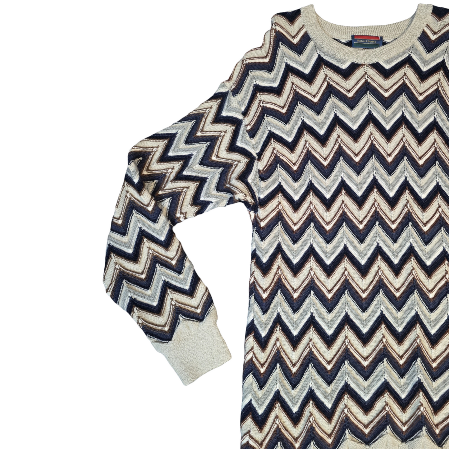 Robert Banks Jumper Beige,Brown & Navy Long Length Chevron Vintage 80s 90s