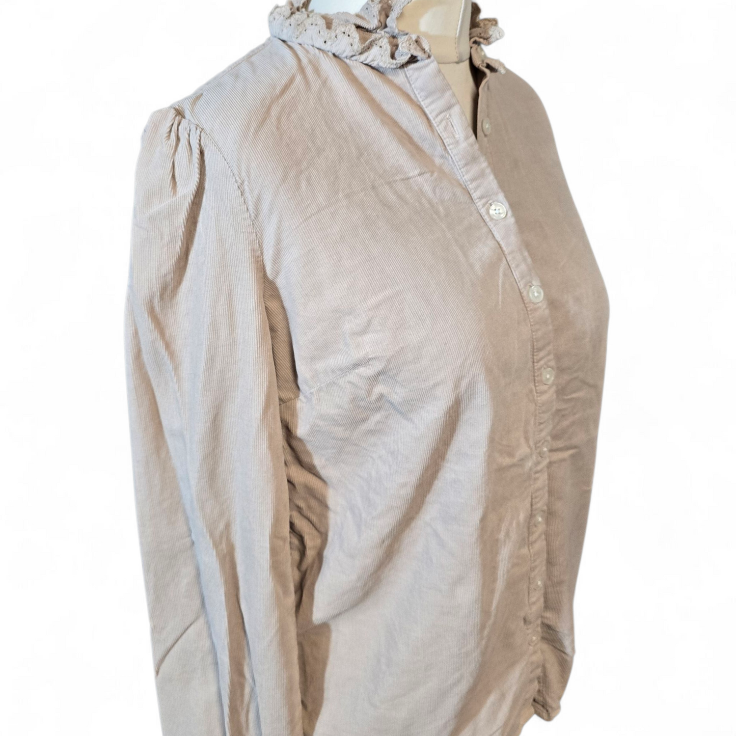 Boden Beige Cord Shirt – Frilly Collar & Cuffs – Size 8 – 100% Cotton
