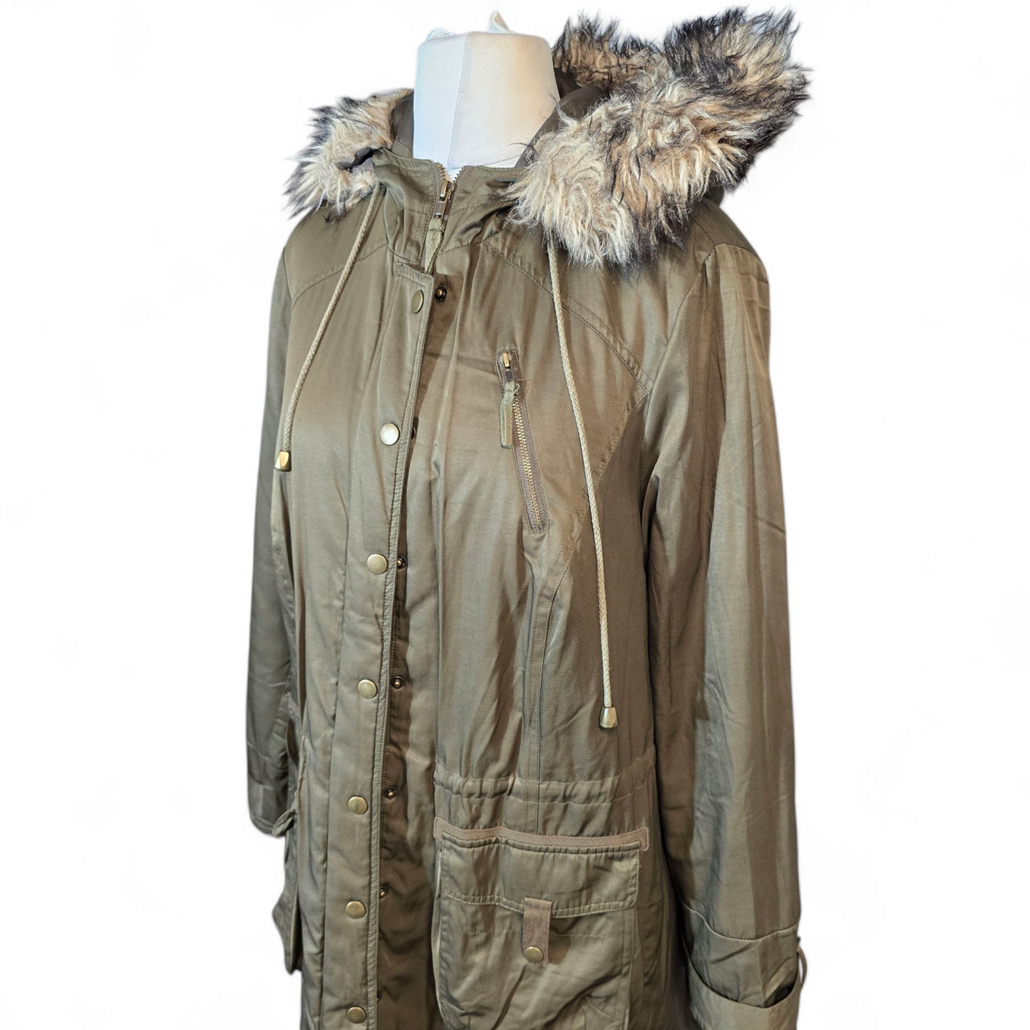 Ann Harvey “Anya” Khaki Green Coat – Size 18 – Faux Fur Hood