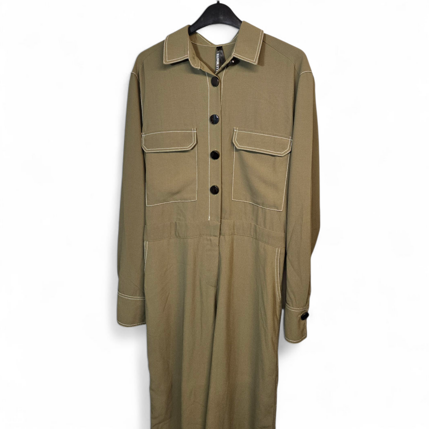 Elli White Khaki Green Utility Jumpsuit – Size L (UK size 12) – Flared Leg & Chest Pockets