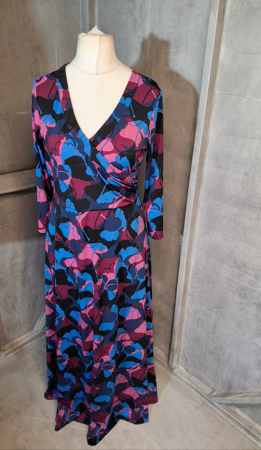 Du Jour Blue, Pink & Red Floral Long Dress – Size M (UK 10/12) – Stretch Polyester