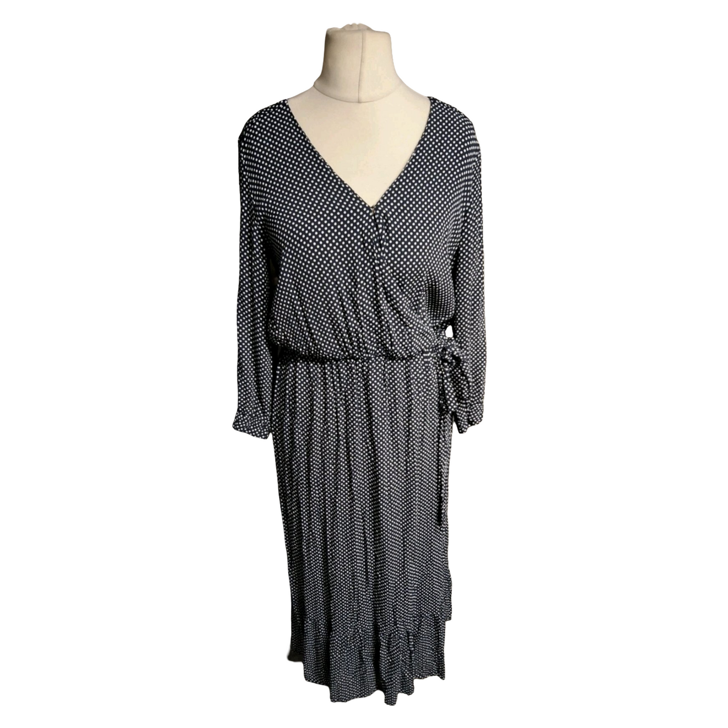 Joules ‘Chloe’ Navy & White Polka Dot Wrap Midi Dress – Size 12 – Viscose