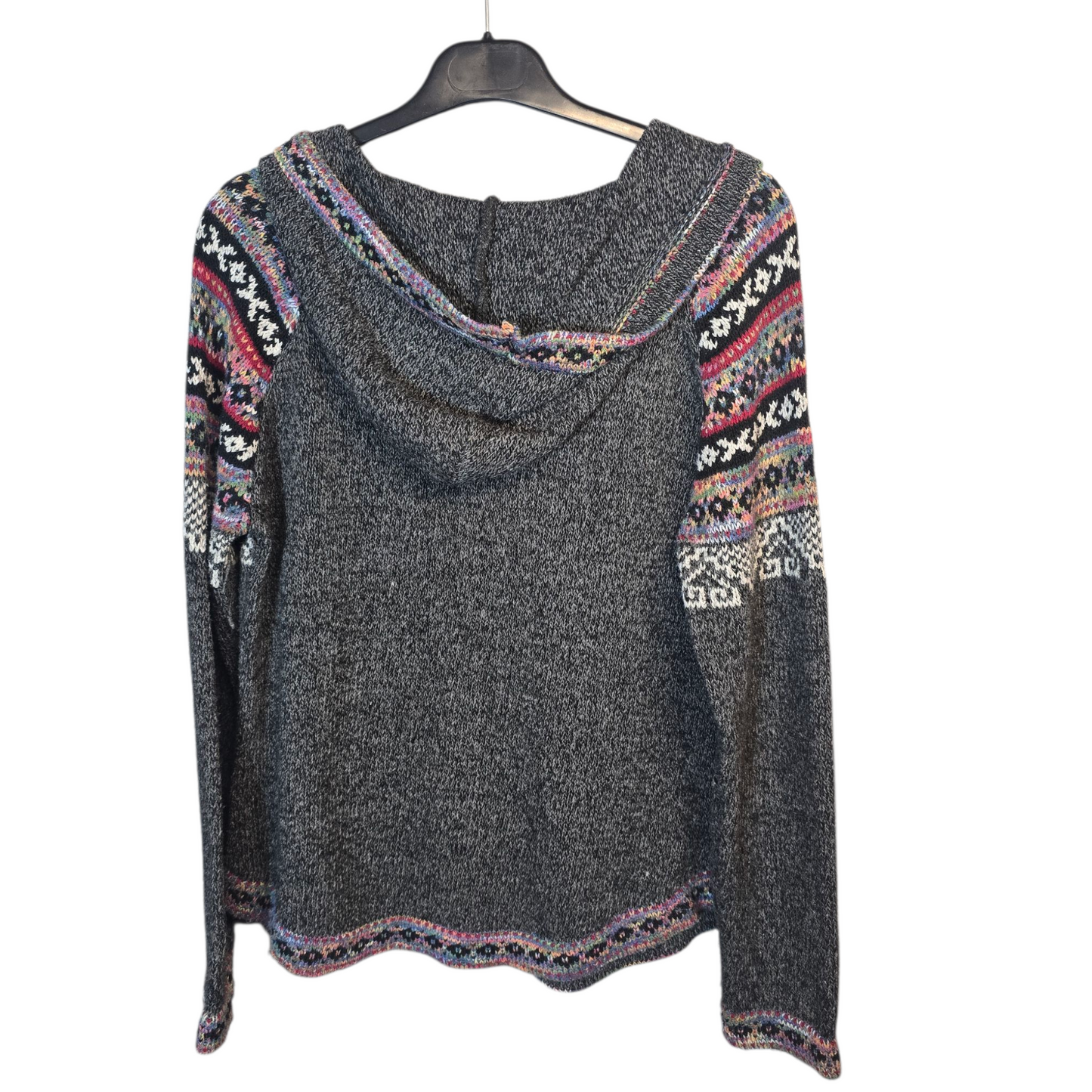 Apricot Grey & Multicolour Knitted Pattern Hoodie – Tie Front – Pockets – Size 12