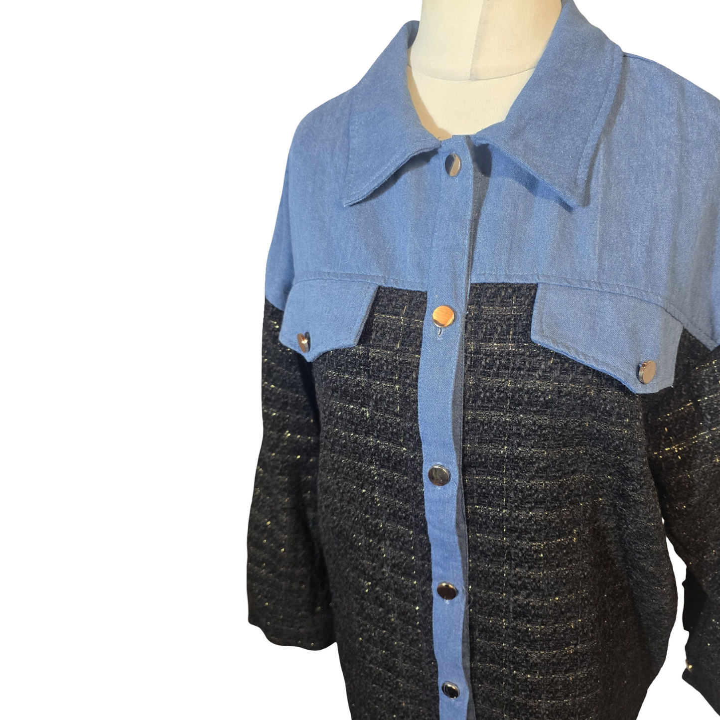 Koolook Blue Denim & Black Knit Shirt – Gold Thread – Size M (Fits size 12/14) – NWT