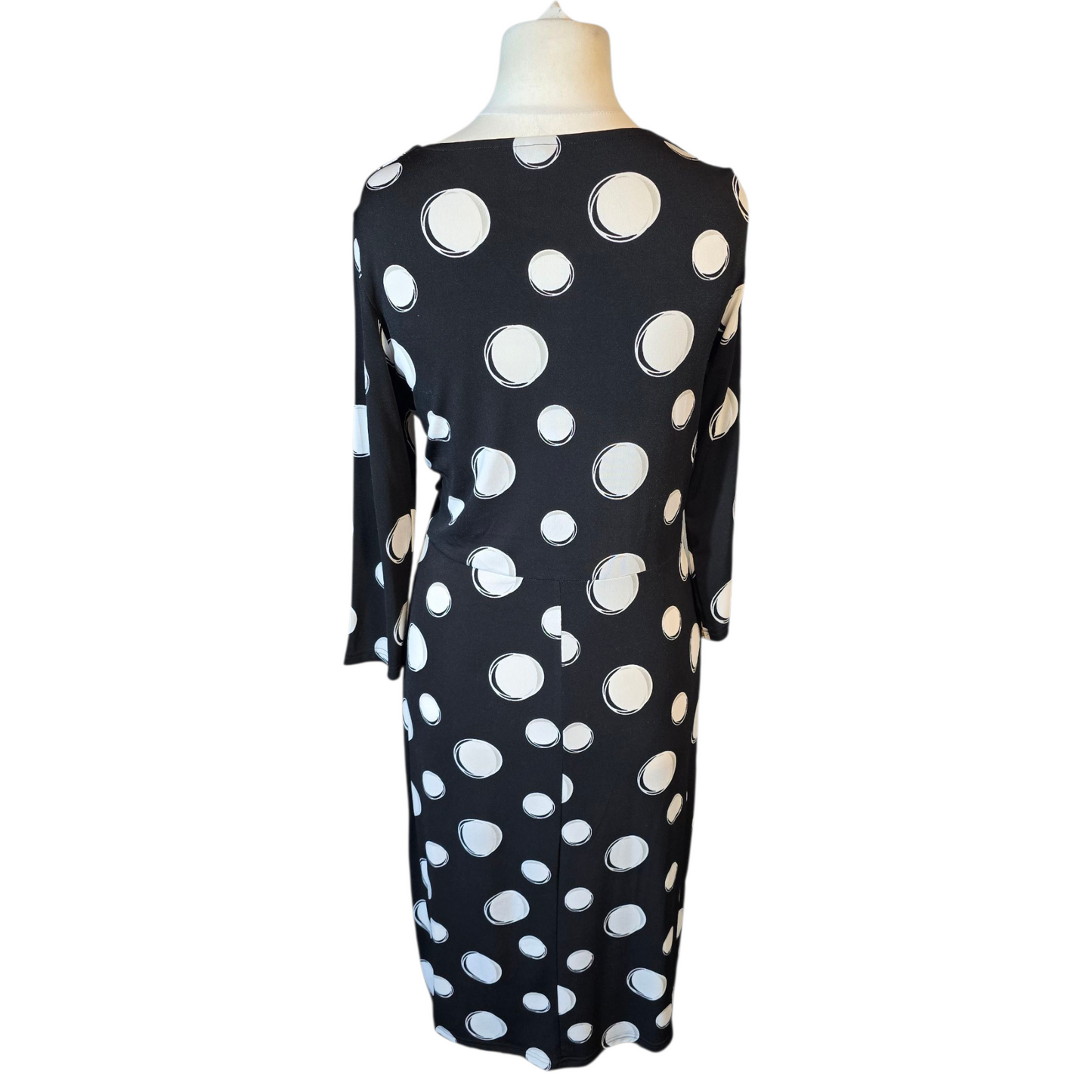 Roman Black & White Polka Dot Midi Dress – Size 12 – V-Neck – Bodycon Fit – Stretchy