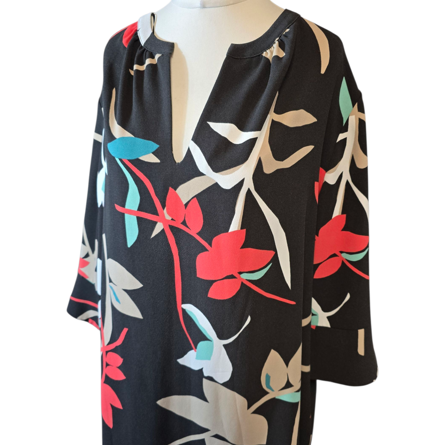 M&S Black Patterned Midi Dress – Size 22 – ¾ Sleeve