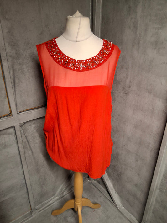 F&F Red Sleeveless Embellished Blouse – Size 20 – Sheer Panel & Statement Beading