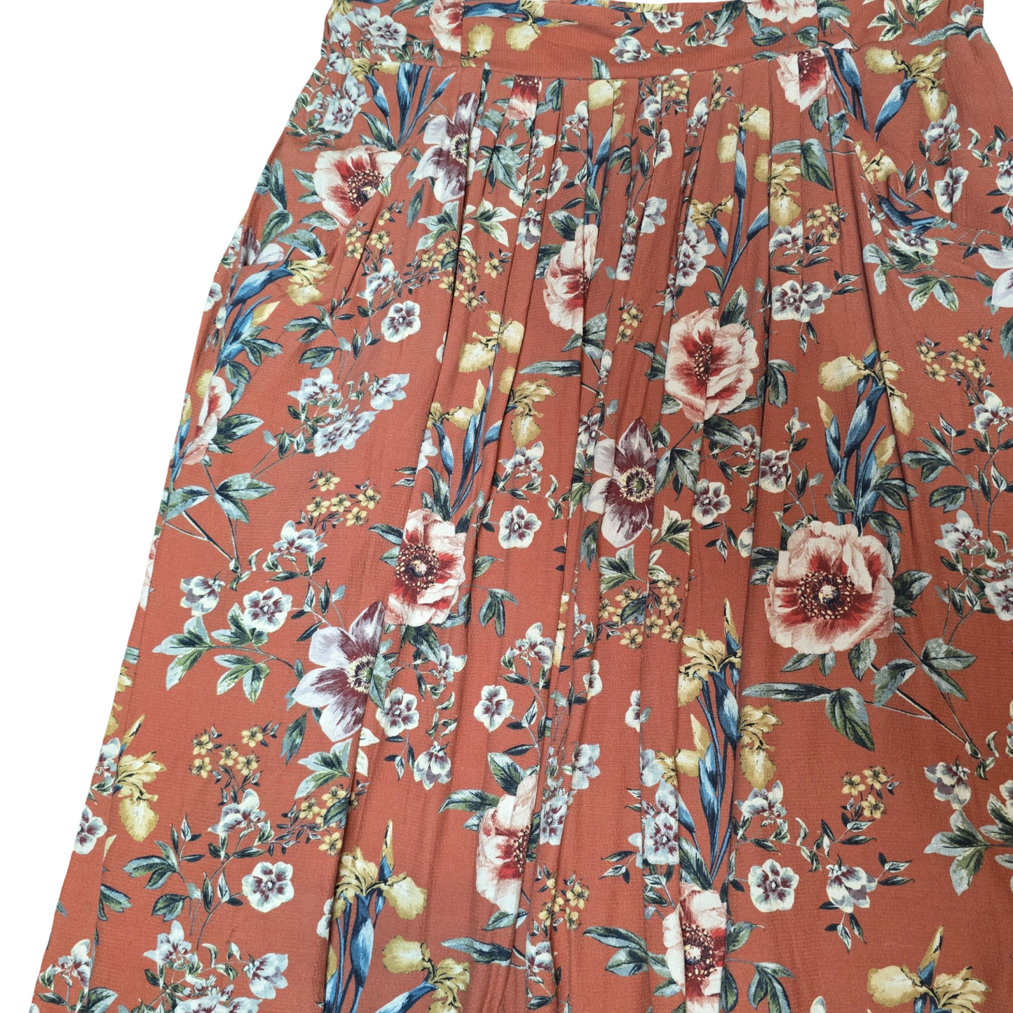 Laura Ashley Rust Floral Midi Skirt – UK Size 8 – Pockets + Pretty Vibes
