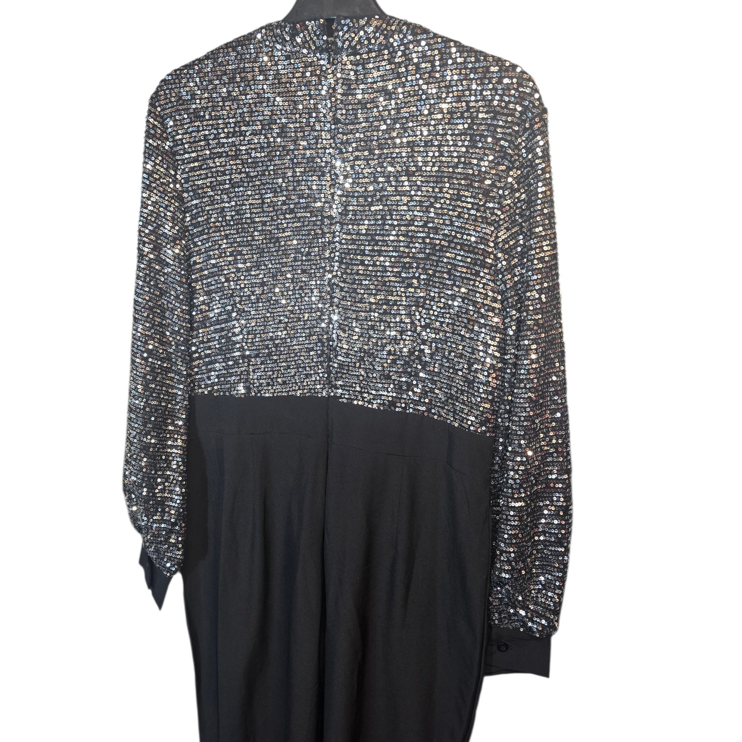 Silver Sequin & Black Long Sleeve Jumpsuit – Size M (size 10/12) – Choker Neck & Flared Leg
