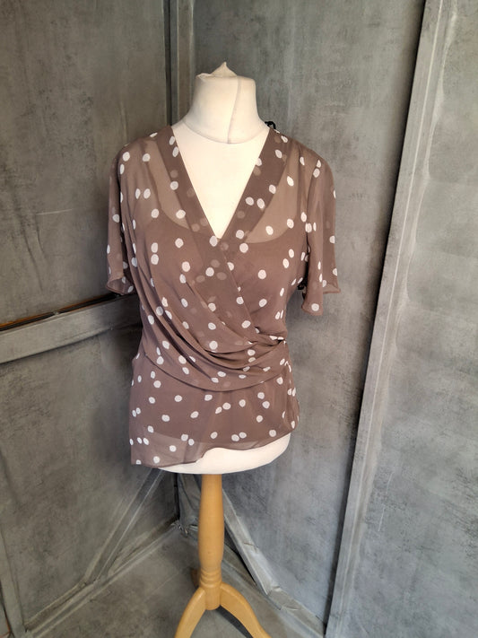 Jacques Vert Brown Polka Dot Sheer Layered Top – Size 8 – NWT RRP £69