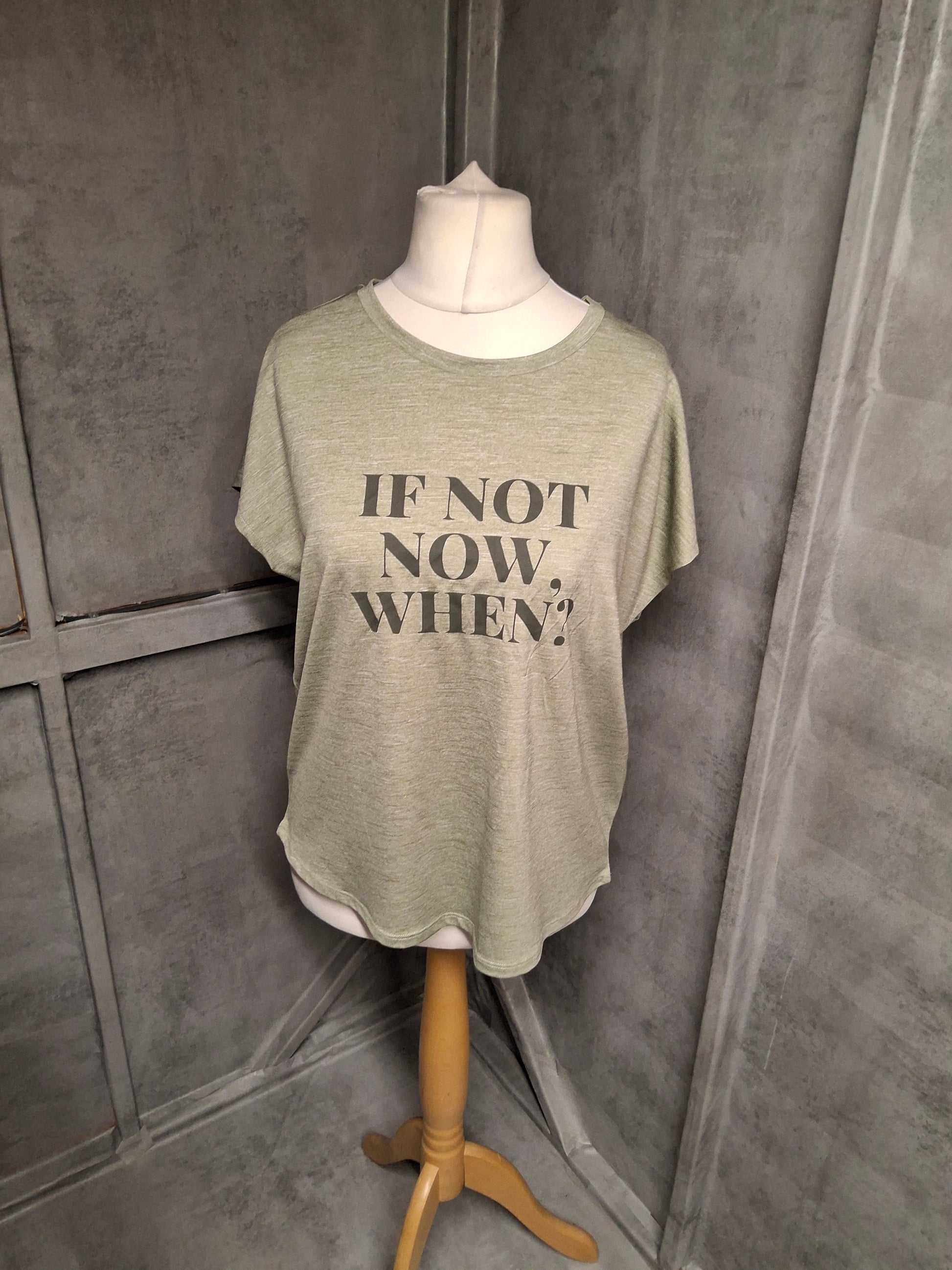 George Khaki Slogan T-Shirt – Size 12/14 – Stretchy Casual Fit "If Not Now, When?" Tee