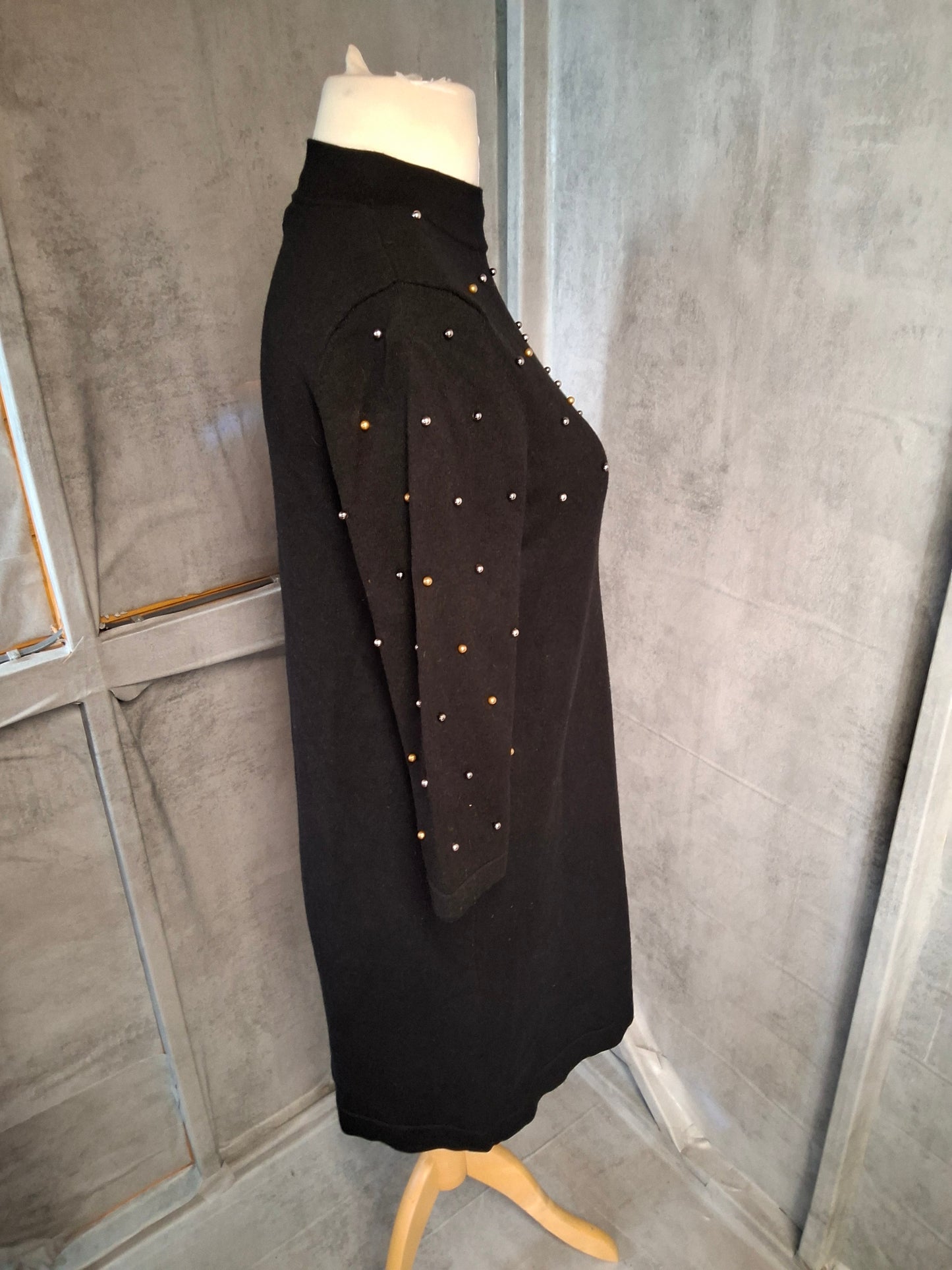 Phase Eight Black Jumper Dress – UK 10 – Gold & Silver Embellished, High Neck