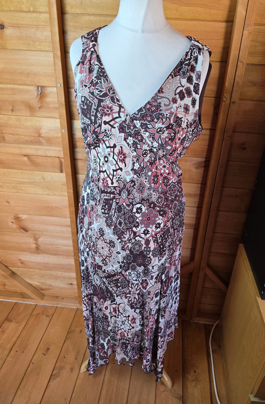 Etam Y2K Brown & Cream Floral Midi Dress – V-Neck, Sleeveless, Asymmetric Zip, Size UK size 10