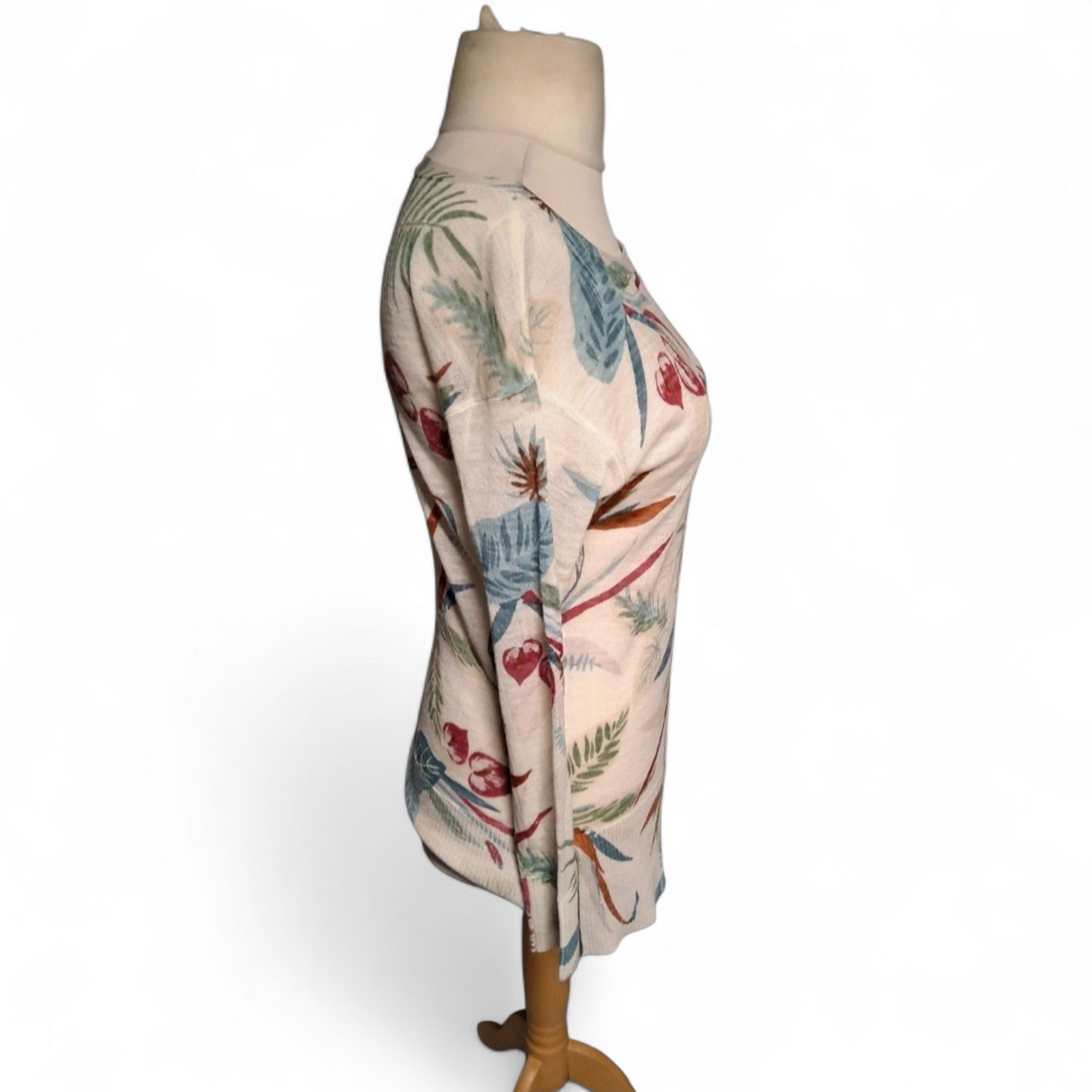Monsoon Cream Linen Blend Tropical Floral Jumper – Size Small (UK size 8/10) – Longer Length