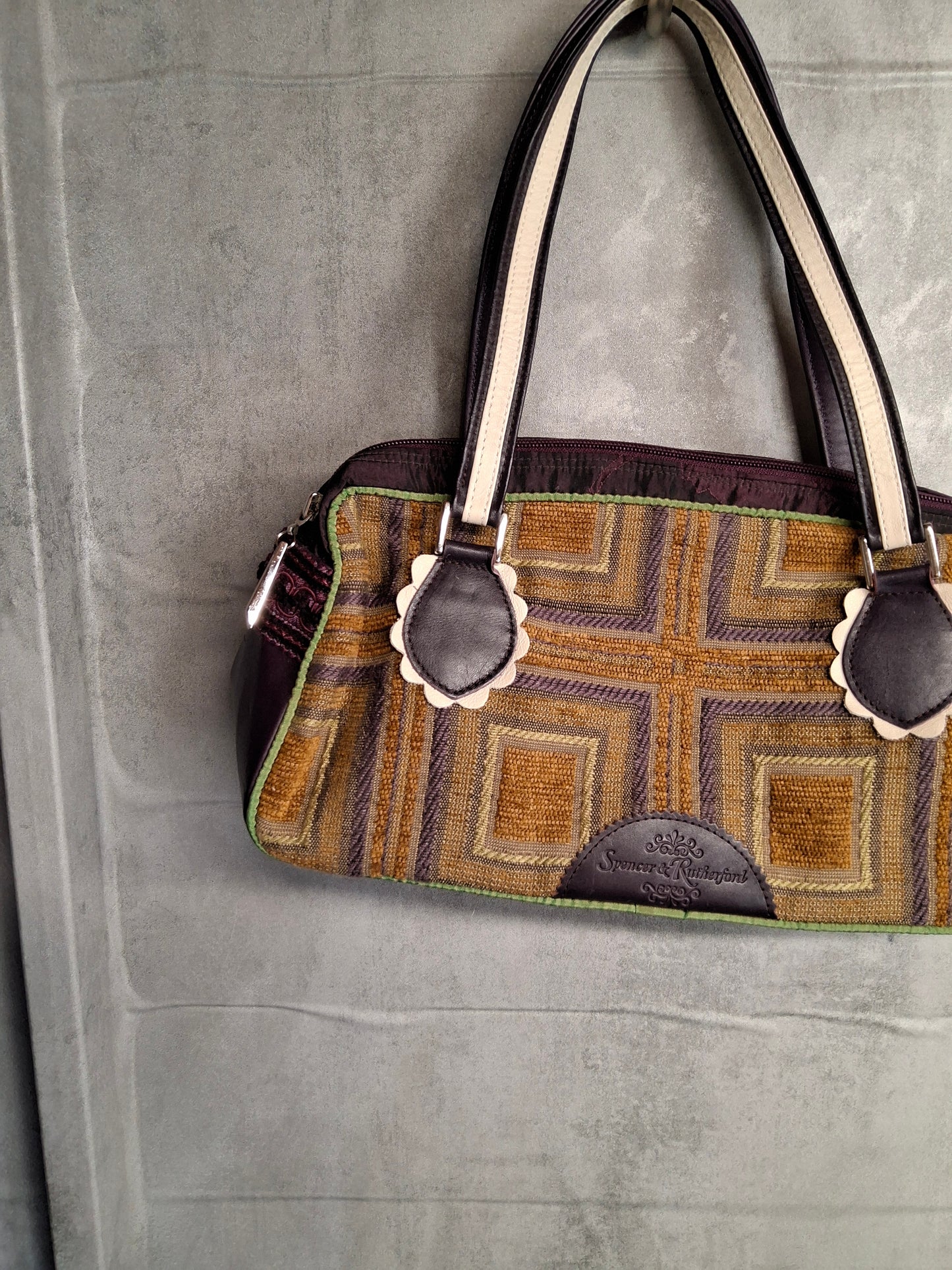 Spencer & Rutherford Purple & Gold Geometric Floral Handbag – Medium
