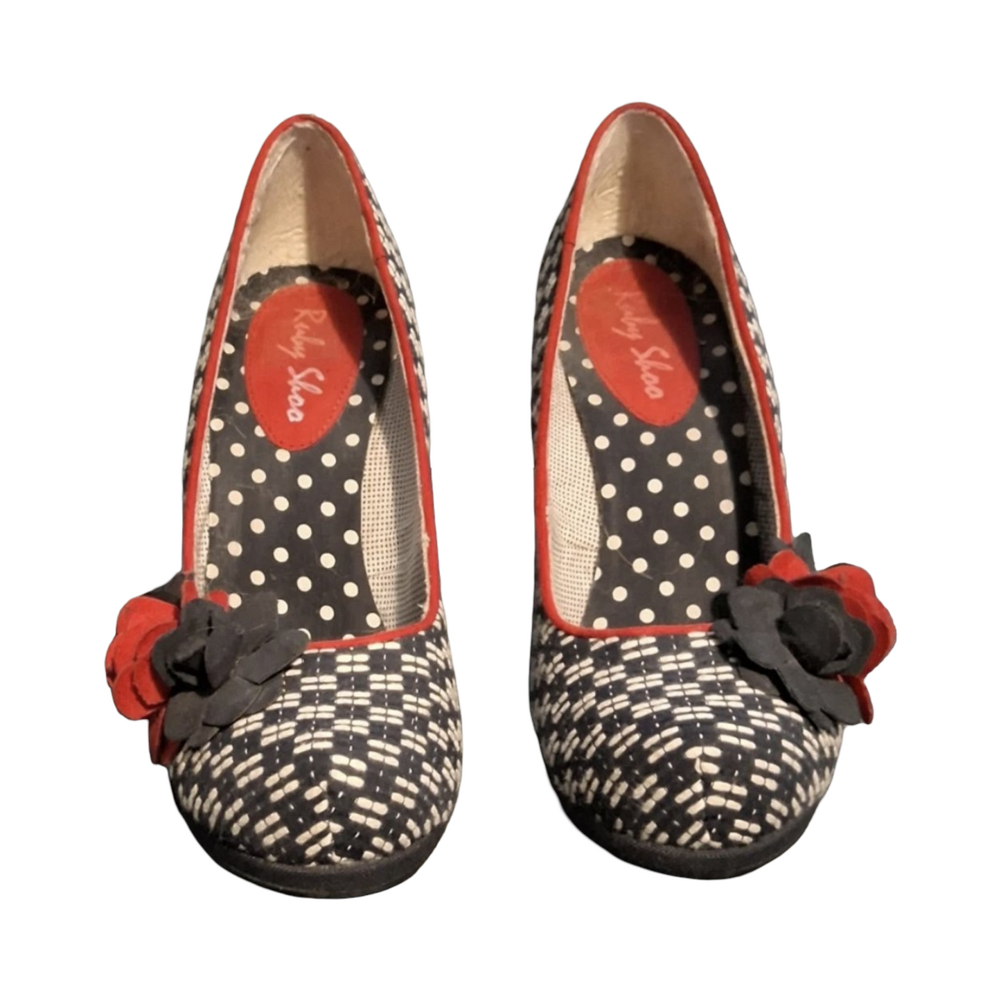 Ruby Shoo Navy White & Red Knit Design Block Heel Shoes – UK 5 – 9cm Heel