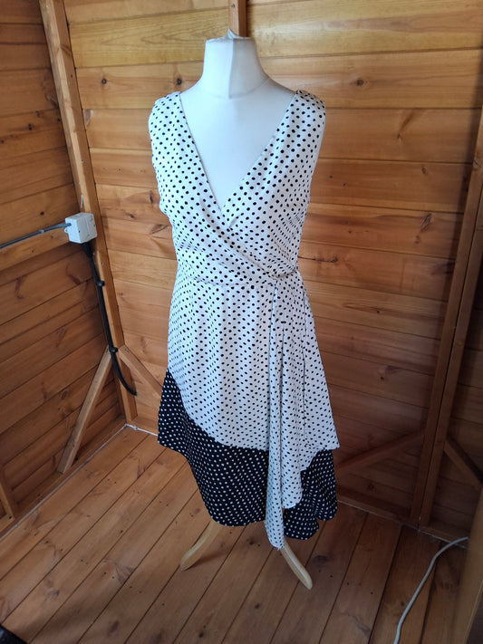 Lavish Alice Black & White Polka Dot Midi Dress – Size 12, Sleeveless, V-Neck, Asymmetrical Hem