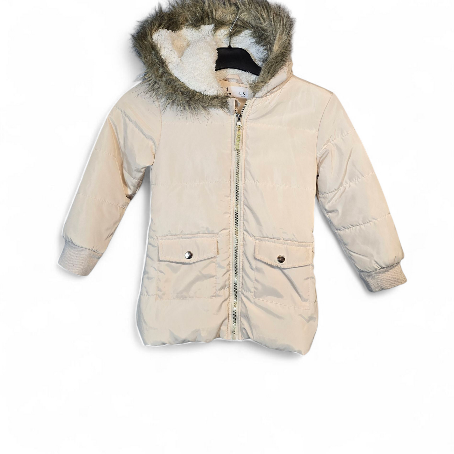 MRP Cream Puffer Coat with Faux Fur Hood – Girls 4-5 Years