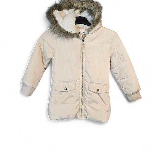 MRP Cream Puffer Coat with Faux Fur Hood – Girls 4-5 Years