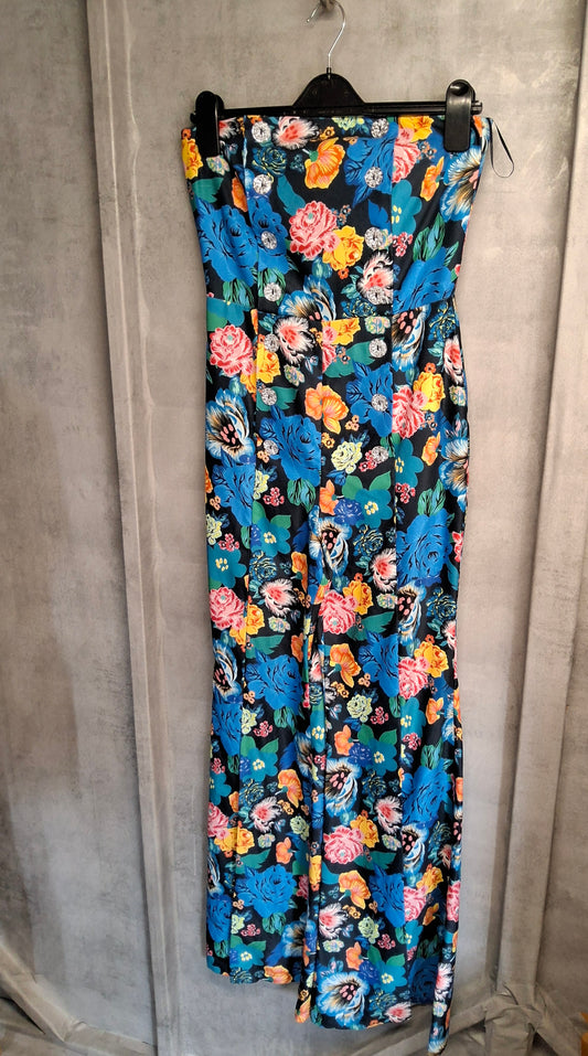 Topshop Bold Floral Strapless Jumpsuit – Size 8, Corset Top, Flared Leg with Front Slit