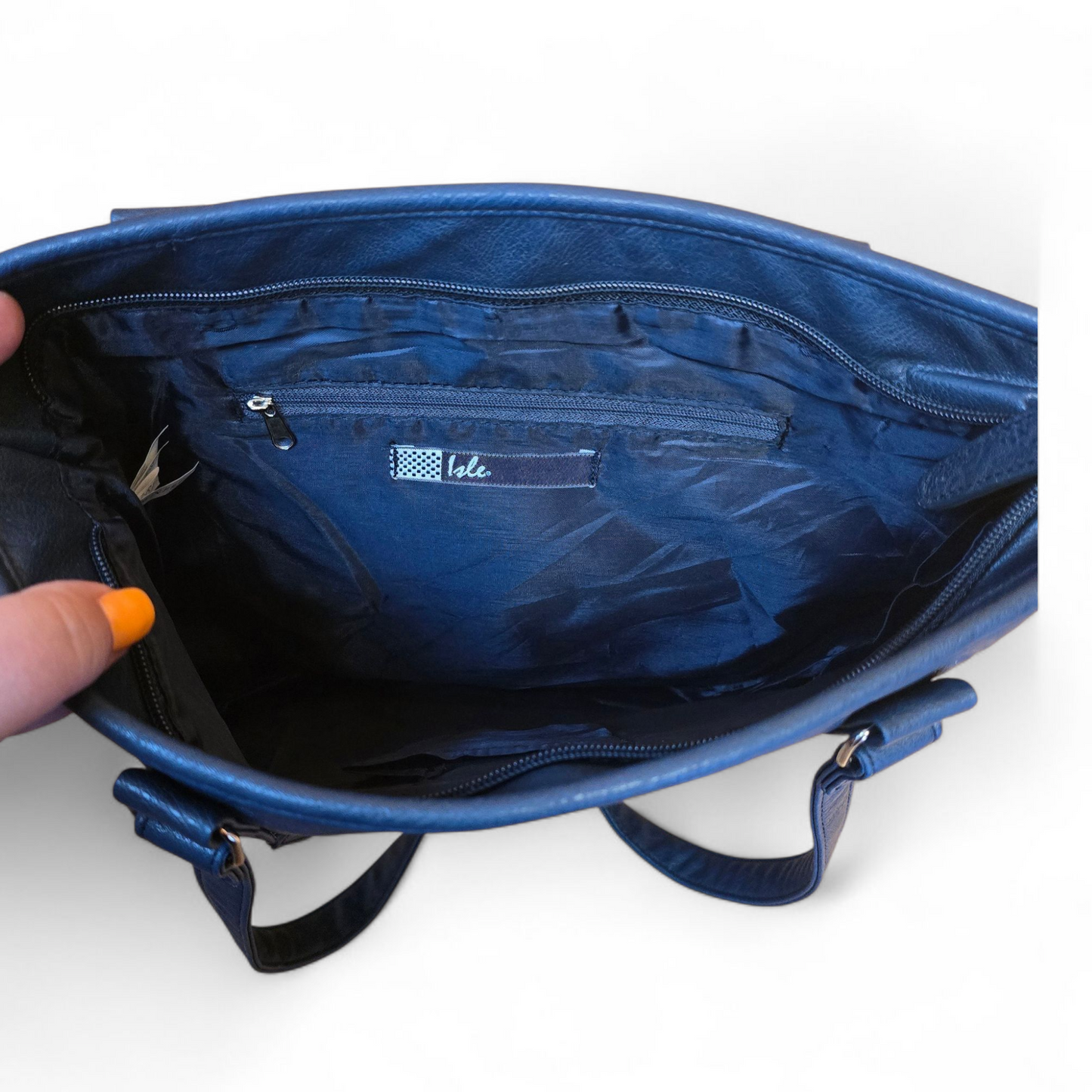 Navy Blue Faux Leather Shoulder Bag | Medium Size | Zip Closure | Everyday Tote | Isle