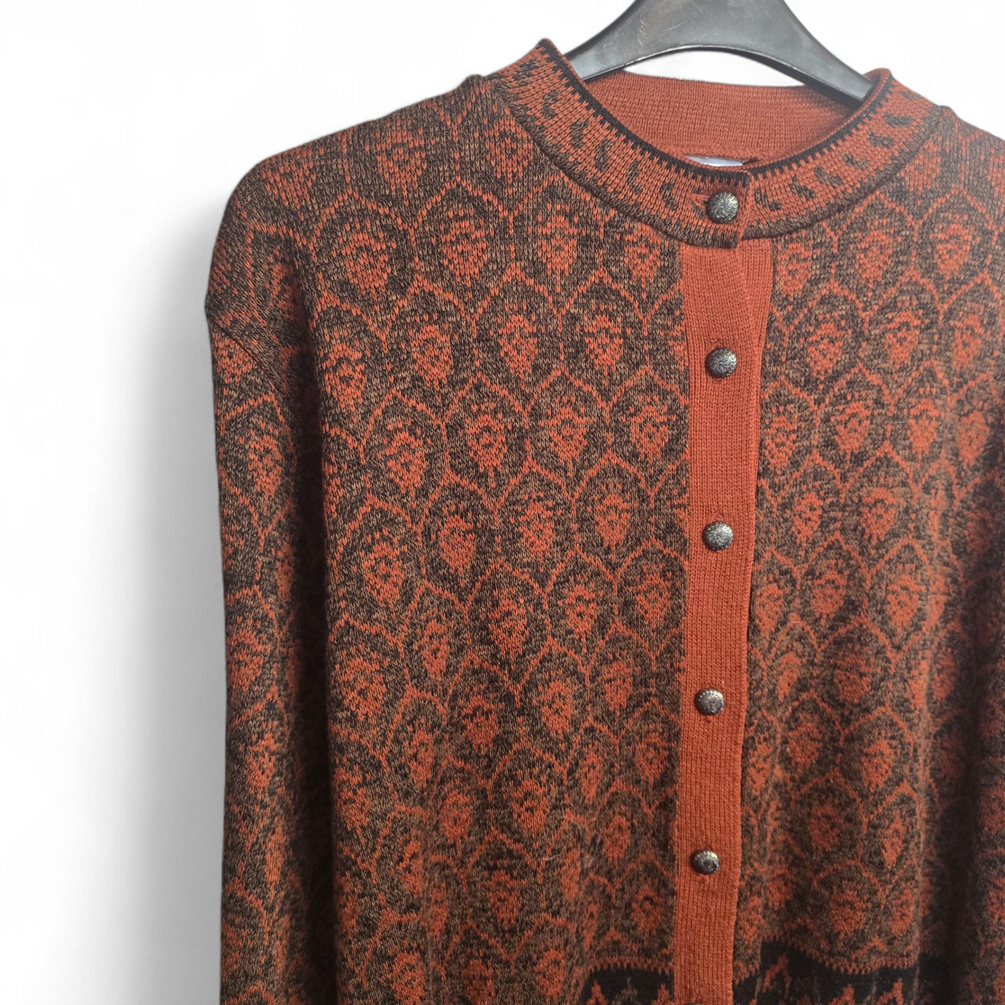 Vintage 1980s Motives Brown & Orange Patterned Knit Cardigan – UK 20/22