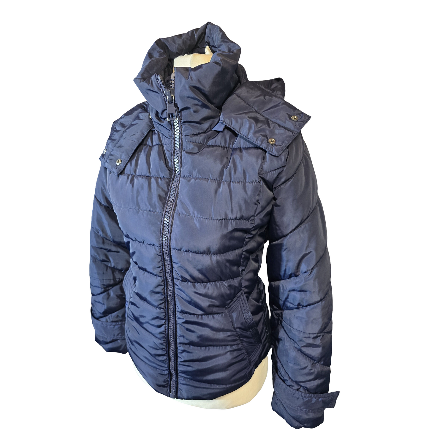 Next Petite Navy Puffer Coat – Size 6 – Detachable Hood & Fleece Pockets