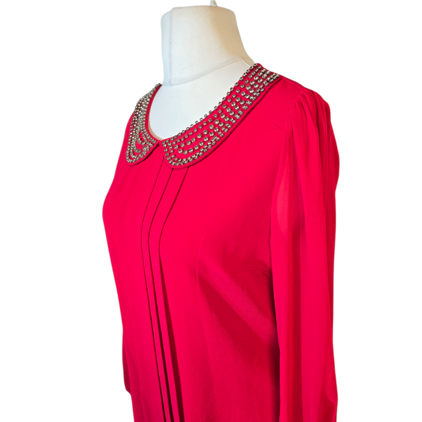 Oasis Red Pleated Gem-Collar Dress – Size 12 – Sheer Sleeves & Knee Length