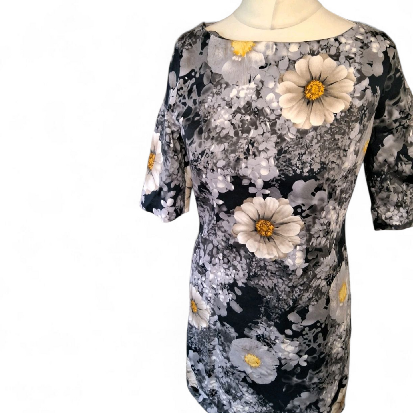 BCBGMAXAZRIA Navy, Grey & Yellow Floral Dress – Size M (UK size 10) – Zip Back